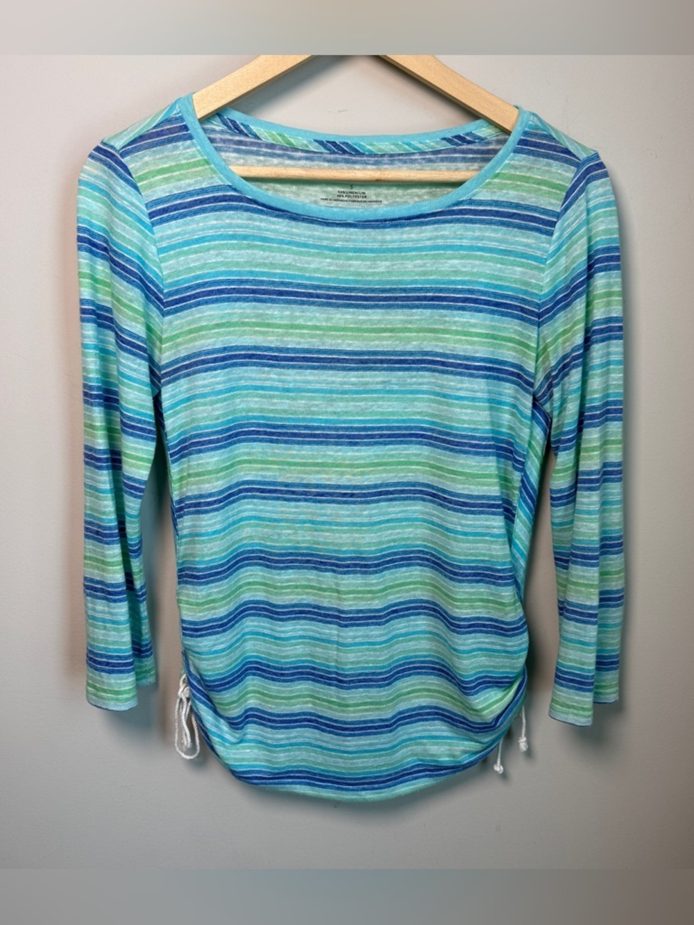 Talbots Blue Green Stripe Linen Blend 3/4 Sleeve Top Coastal Vacation | Size S